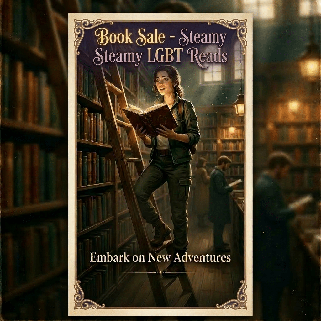 Young woman reading a glowing book in a large, old library with bookshelves and ladder